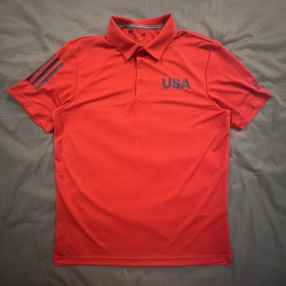 Adidas USA Golf Polo Mens M Short Sleeve Striped Red Embroidery Olympic Shirt